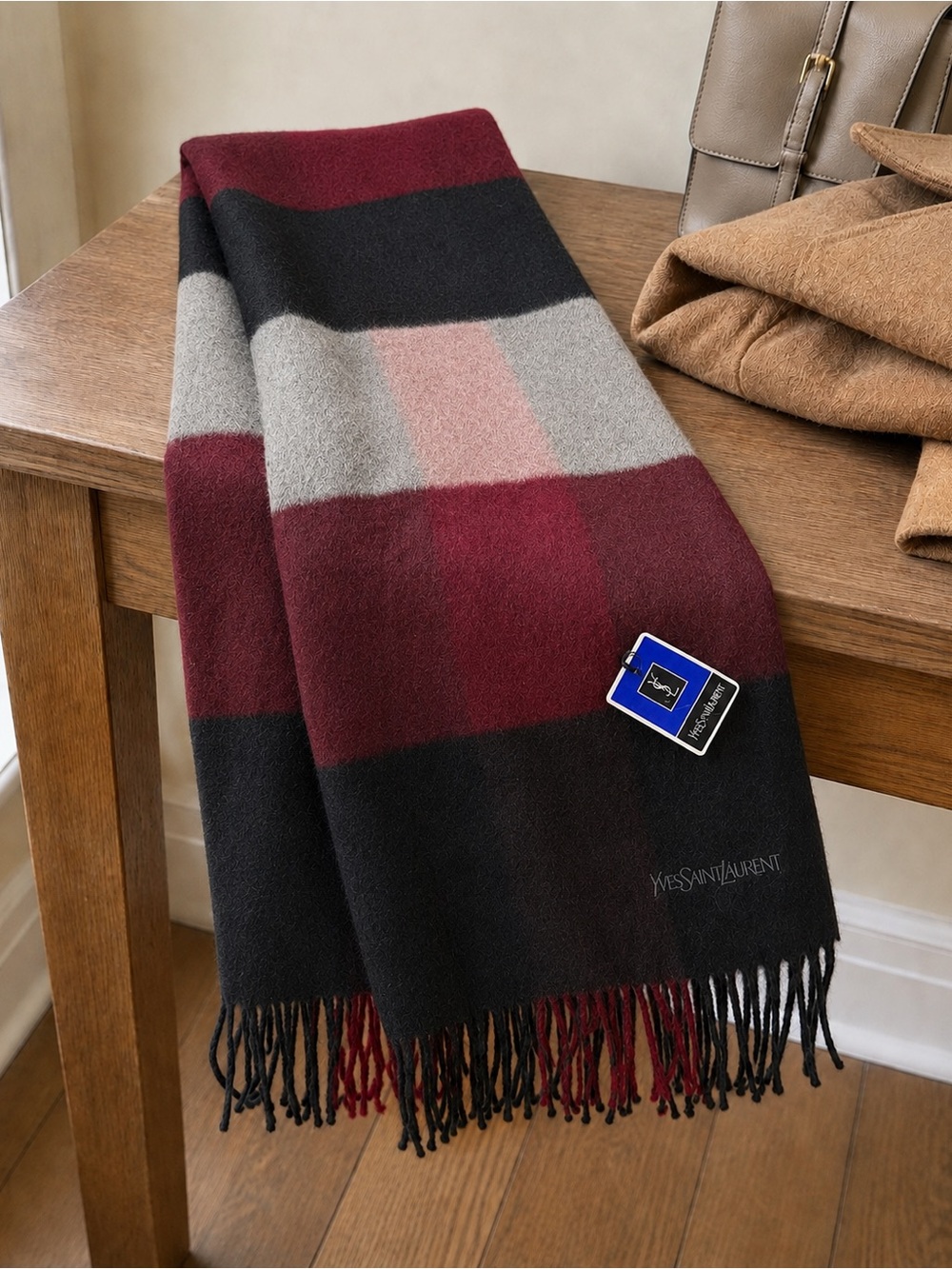 Vintage Yves Saint Laurent 100% Lambswool Scarf – Burgundy, Black & Gray